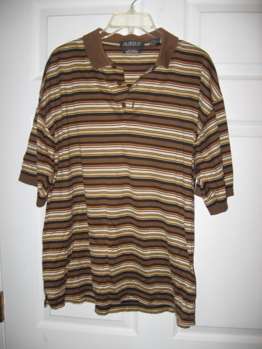 Aureus Polo Shirt Men's Sz Large Brown/Beige/Black Stripes 100% Cotton